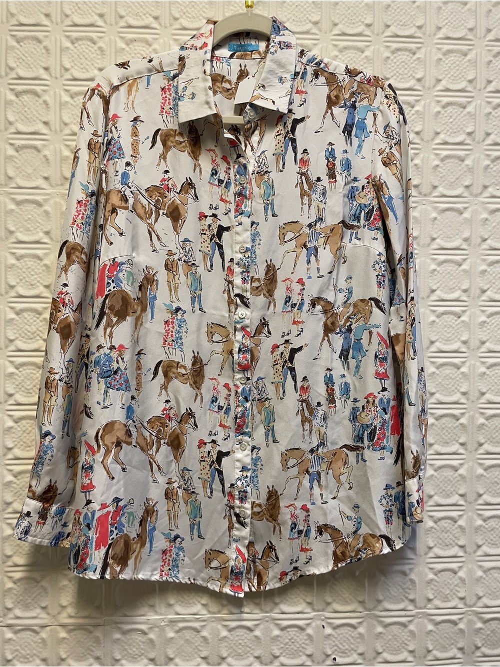 Vintage? J McLaughlin silk twill Equestrian Print Button-Up Shirt